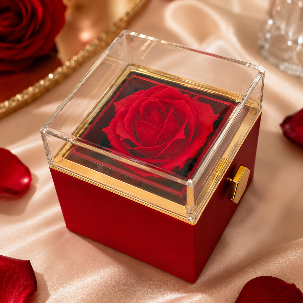 Caja cerrada con la rosa roja preservada bajo la tapa transparente