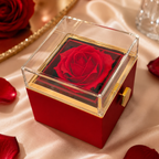 Caja cerrada con la rosa roja preservada bajo la tapa transparente