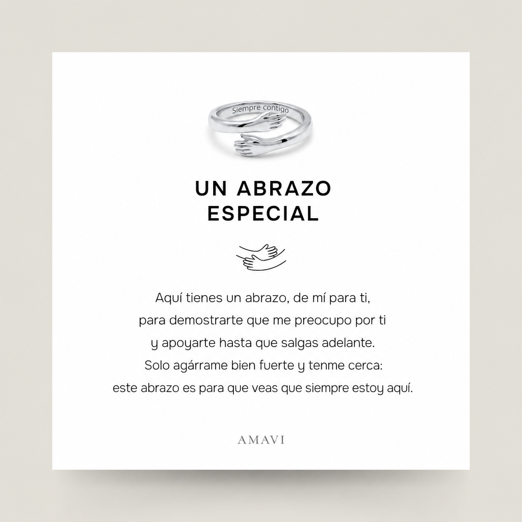 Anillo abrazo plateado con «Siempre contigo» grabado por dentro junto a la tarjeta «Un abrazo especial»
