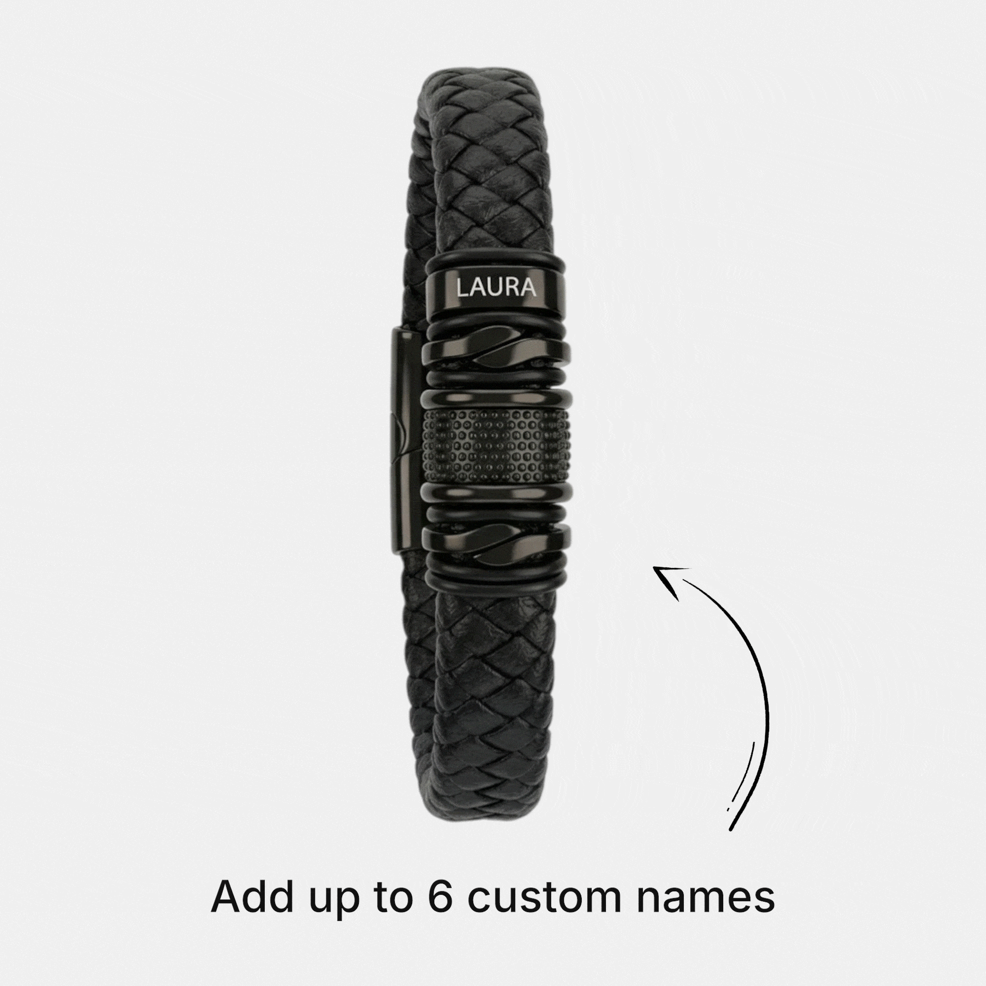 Pulsera negra con varias piezas para grabar nombres