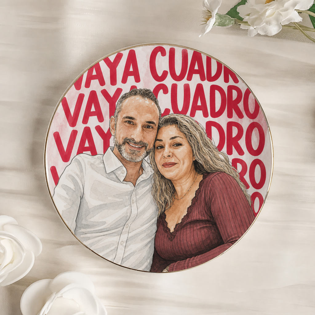 Plato joyero redondo de cerámica con una pareja ilustrada en acuarela y el título VAYA CUADRO repetido de fondo