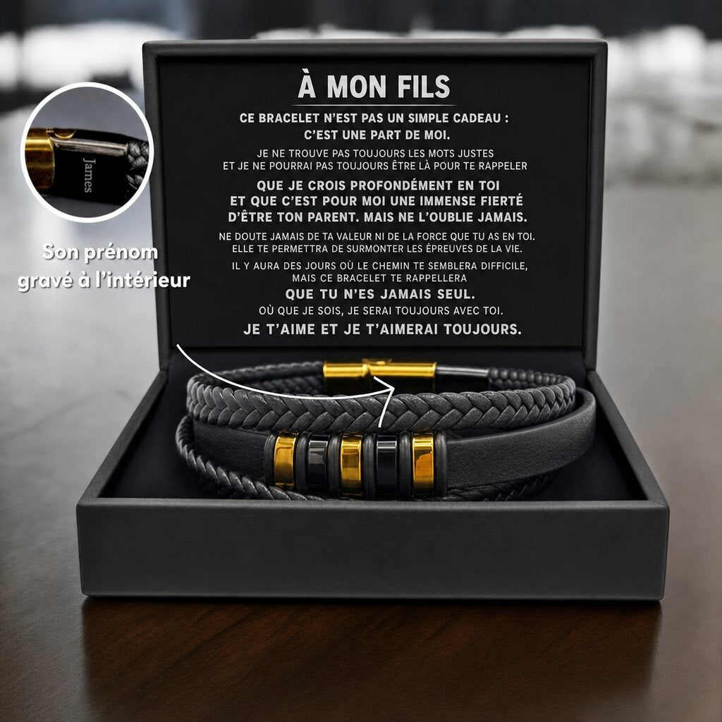 Para mi hijo · Nunca estarás solo · Pulsera de cuero trenzado