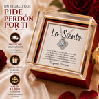 Caja con la rosa giratoria abierta: collar Nudo de Amor en oro blanco sobre la tarjeta «Lo Siento»