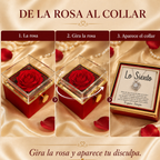 Cómo funciona la caja: la rosa gira y aparece el collar Nudo de Amor con la tarjeta «Lo Siento»