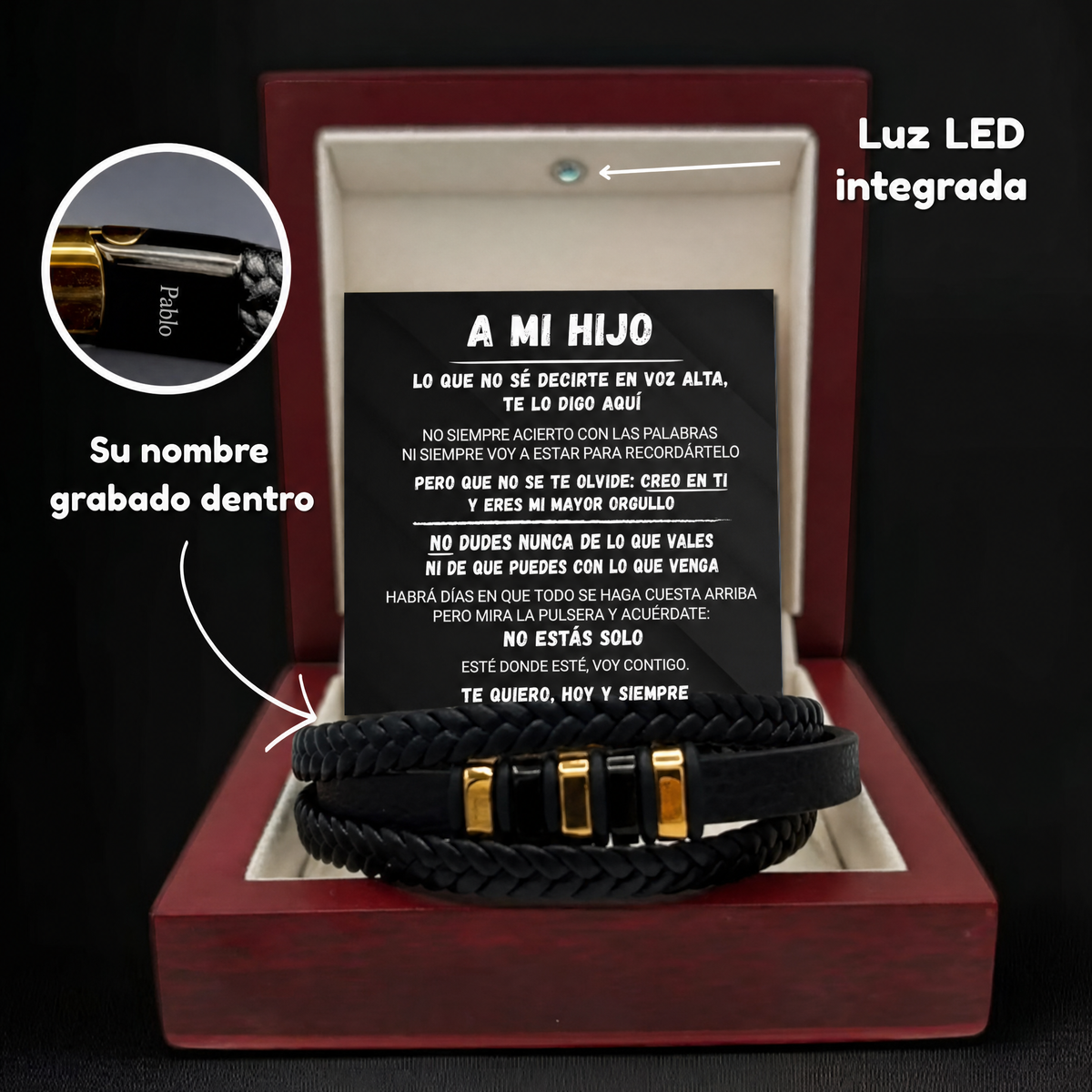 Pulsera de cuero trenzado en la caja de madera de caoba con luz LED, junto a la tarjeta de mensaje